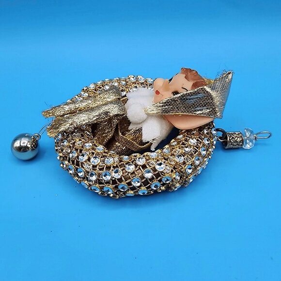 1950s Pixie Elf Knee Hugger Gold Wreath Ornament Retro Christmas Decor - Picture 6 of 11